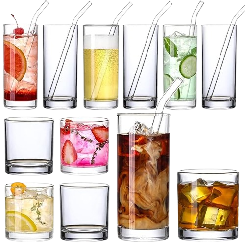 Glass with Glass Straws, 12oz Highball Drinking Glasses